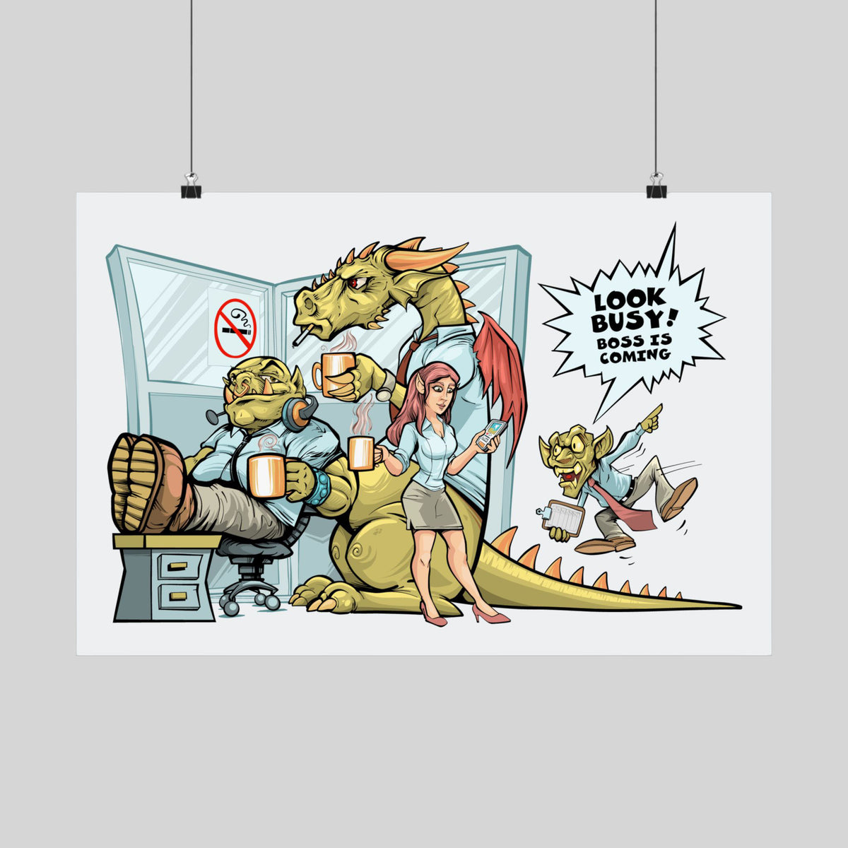 Funny fantasy office poster: an orc, dragon and elf slacking with coffee, 'Look Busy! Boss Is Coming', hand-drawn wall art.