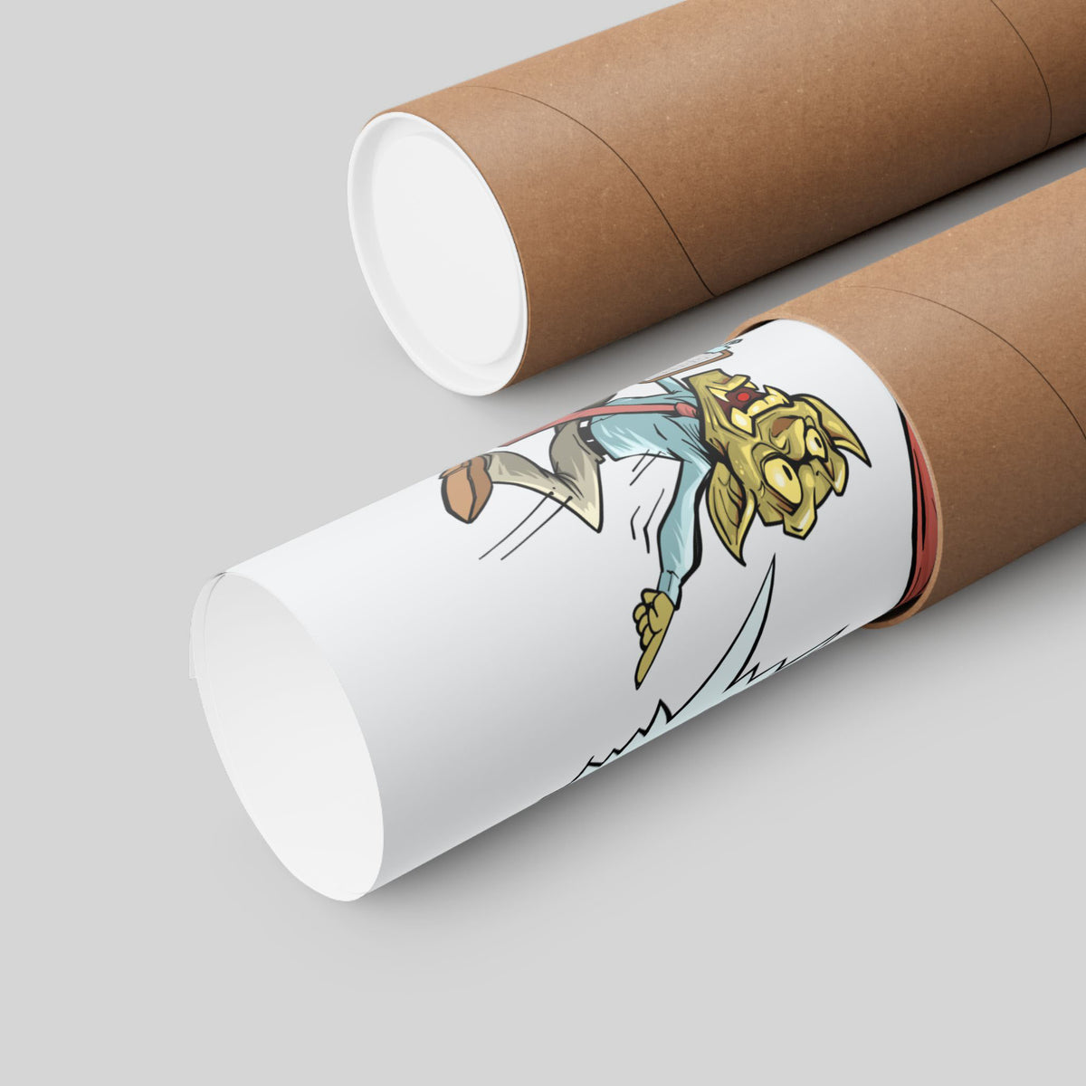Funny fantasy office poster rolled in a protective mailing tube, hand-drawn wall art.