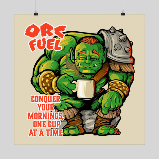 Funny orc coffee poster: a burly orc with a mug, 'Orc Fuel: Conquer Your Mornings, One Cup at a Time', hand-drawn wall art.