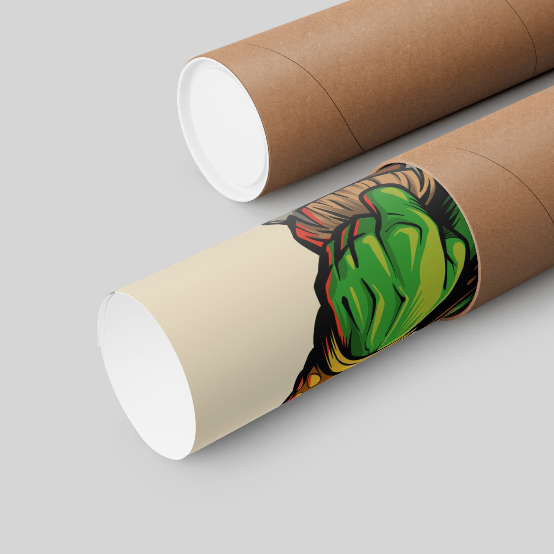 Funny orc coffee poster rolled in a protective mailing tube, hand-drawn wall art.