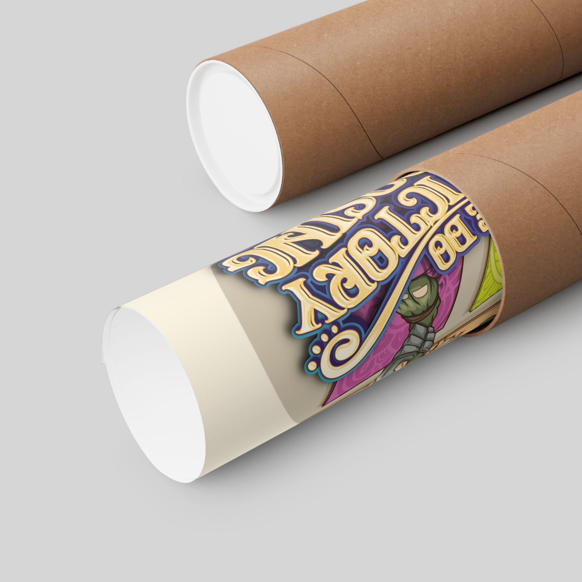 Funny orc gym poster rolled in a protective mailing tube, hand-drawn wall art.