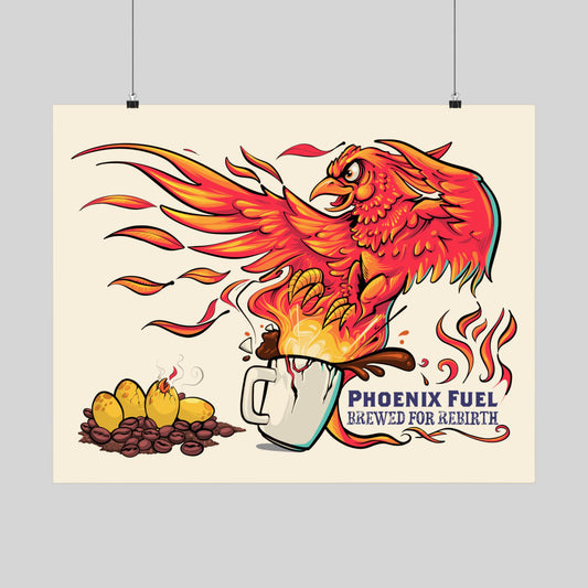 Funny phoenix coffee poster: a fiery phoenix bursting from a mug, 'Phoenix Fuel: Brewed for Rebirth', hand-drawn wall art.