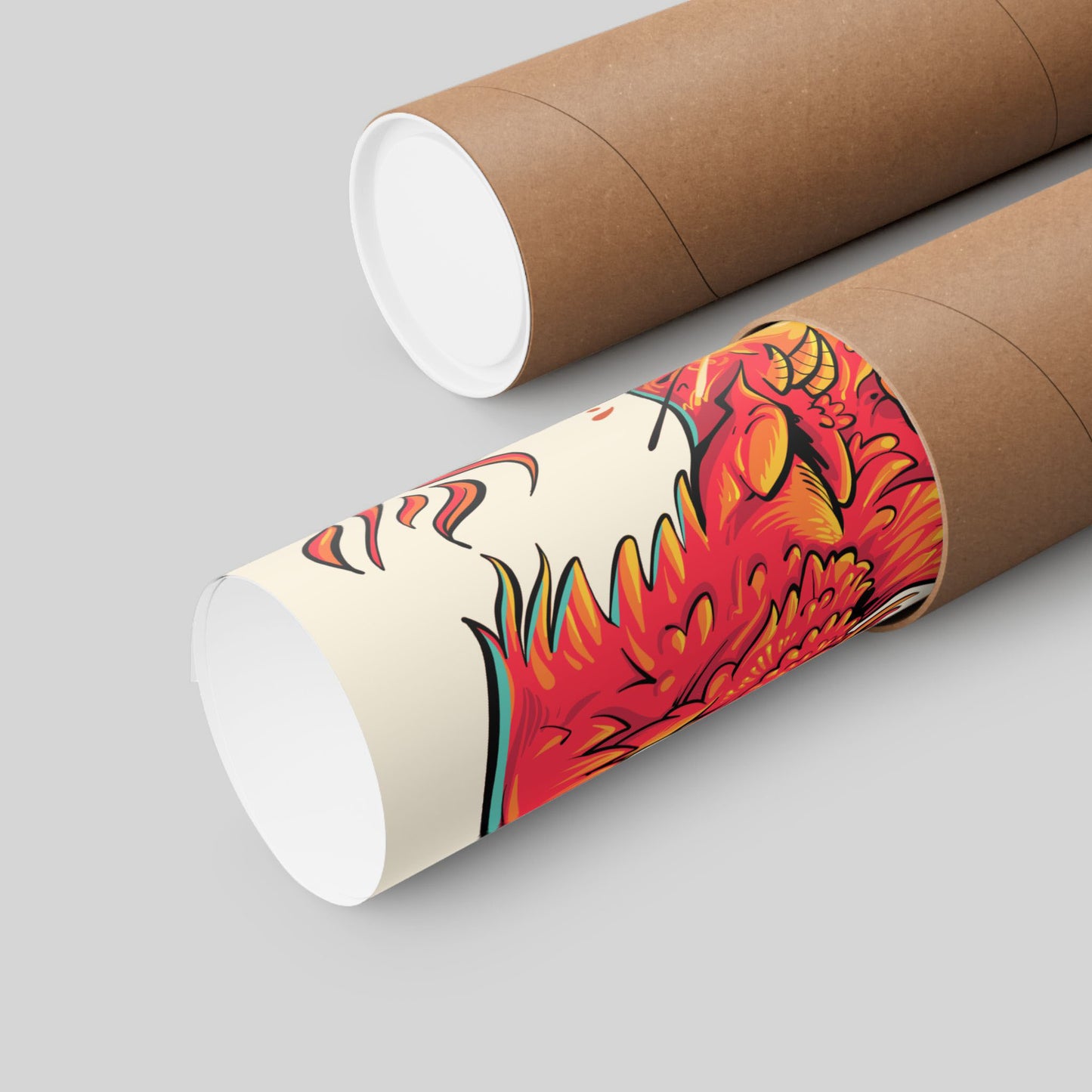 Funny phoenix coffee poster rolled in a protective mailing tube, hand-drawn wall art.