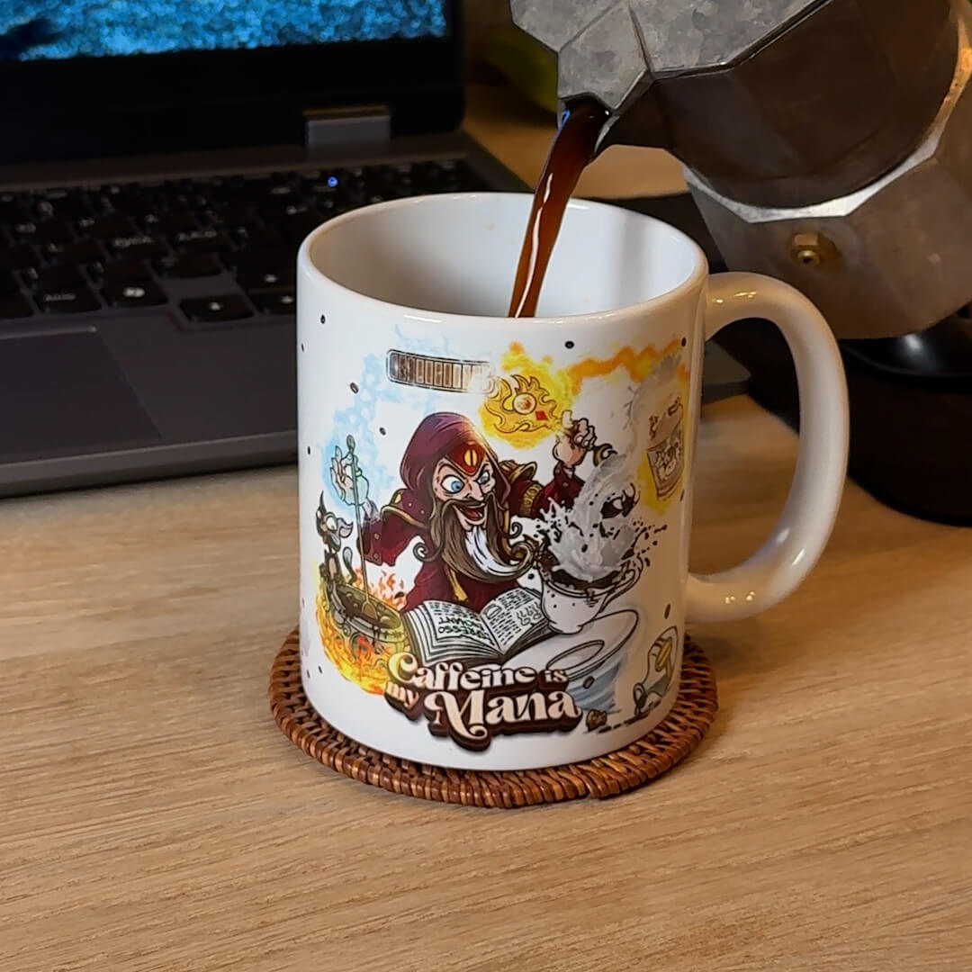 Rotating video of the GeekyGearing 11 oz mug "Caffeine is my Mana"
