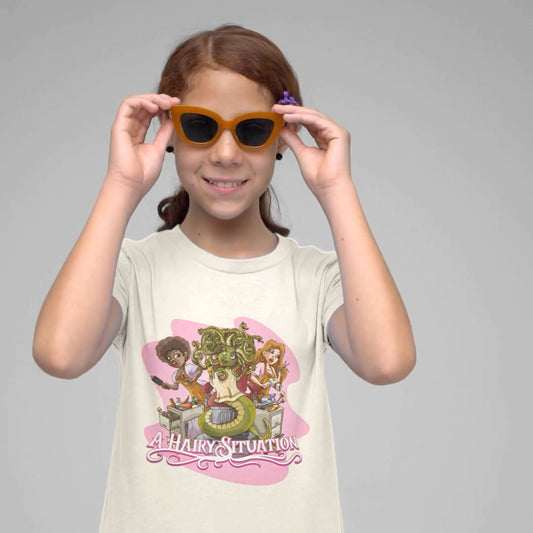 Girl wearing a cartoon tee with the design Medus's Hairy Situation showing the funny cartoon