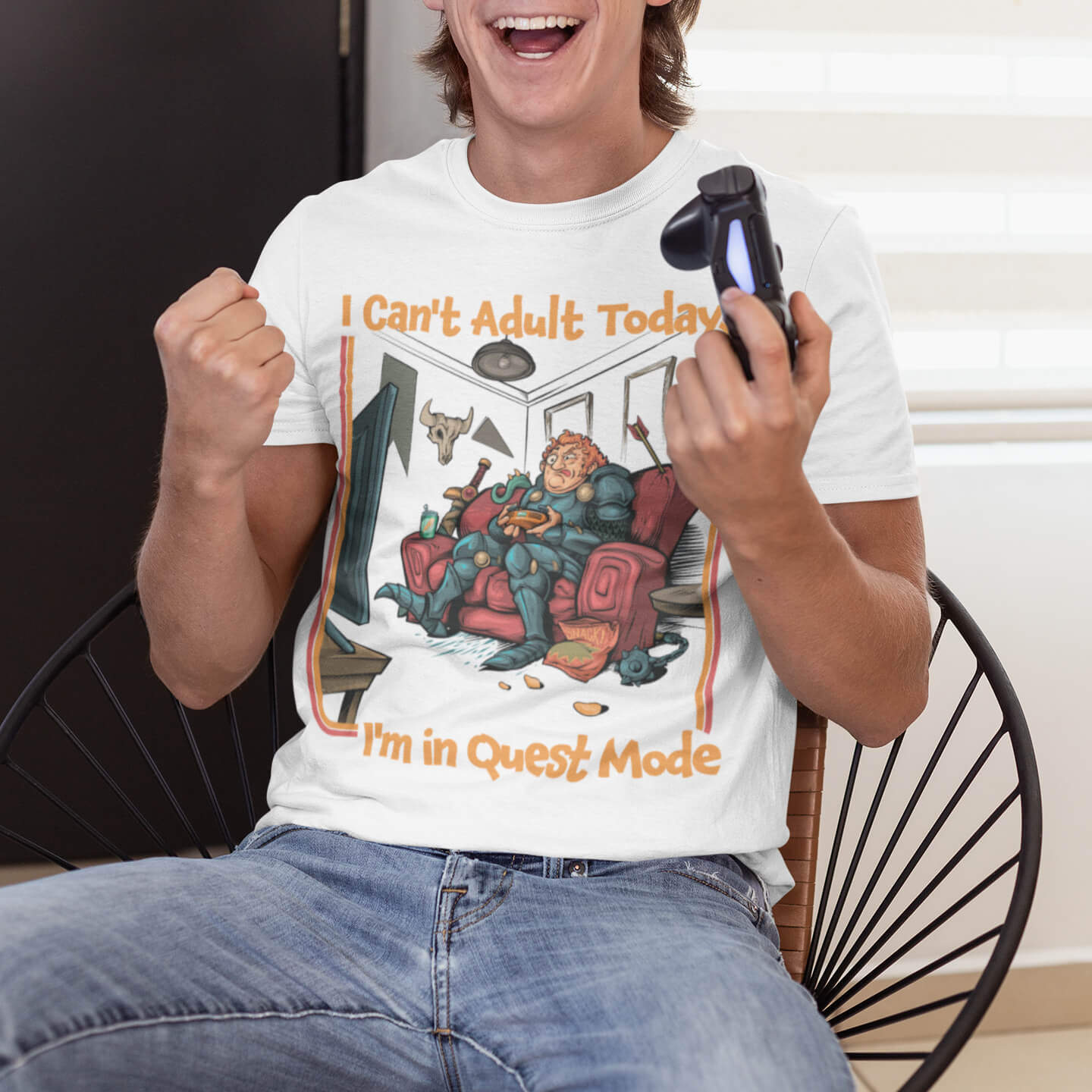 Funny gamer t-shirt: an armored warrior gaming on a sofa, 'I Can't Adult Today', 'I'm in Quest Mode', hand-drawn art, white.