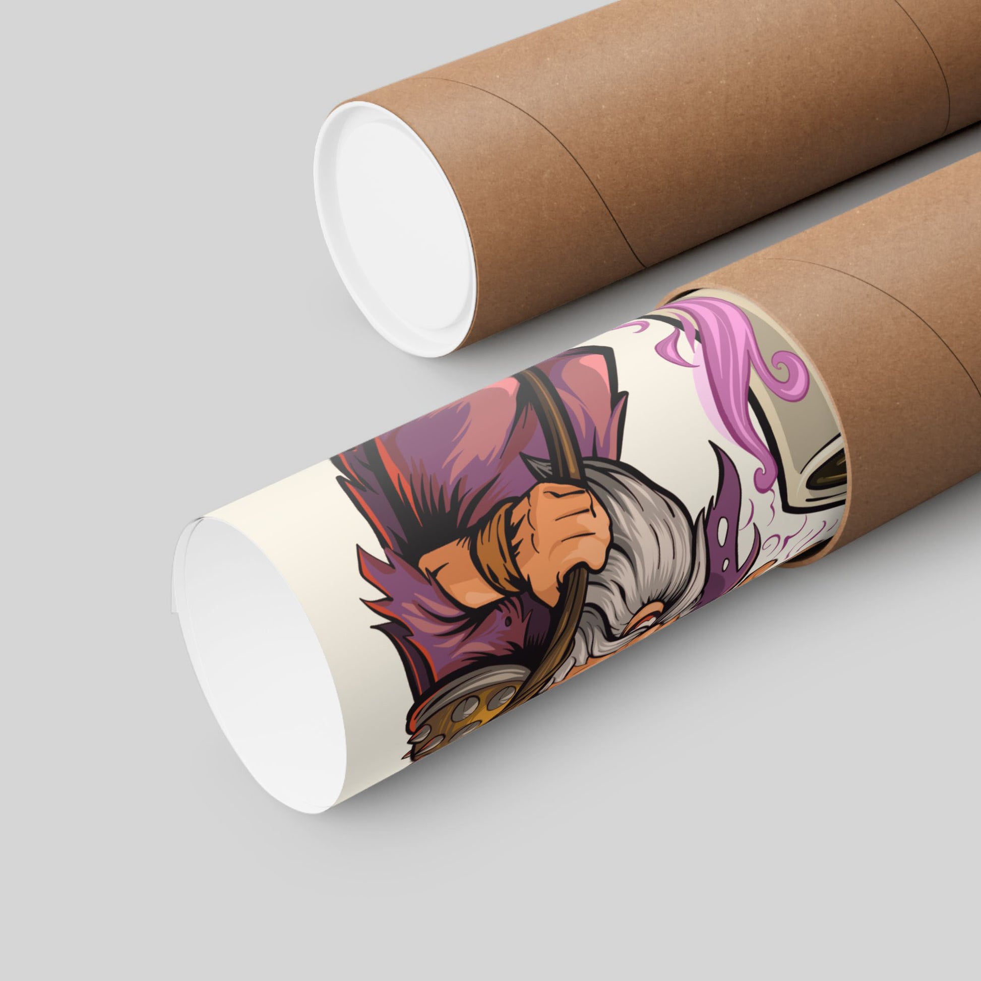 Funny wizard coffee poster rolled in a protective mailing tube, hand-drawn wall art.