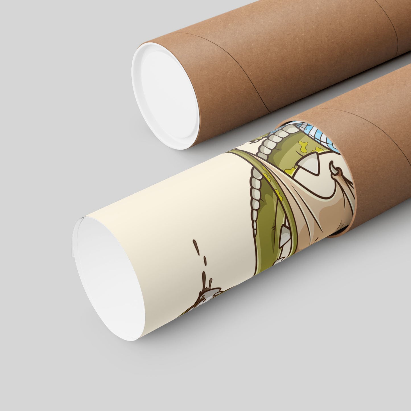 Funny coffee dragon poster rolled in a protective mailing tube, hand-drawn wall art.