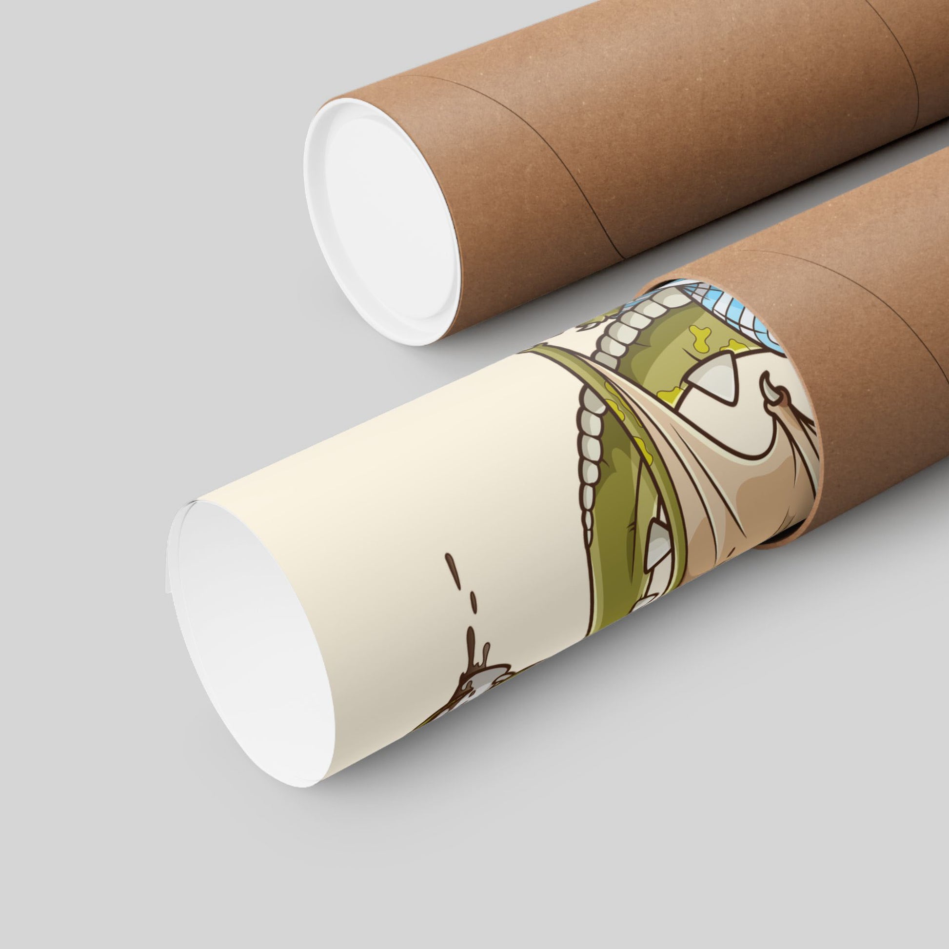 Funny coffee dragon poster rolled in a protective mailing tube, hand-drawn wall art.